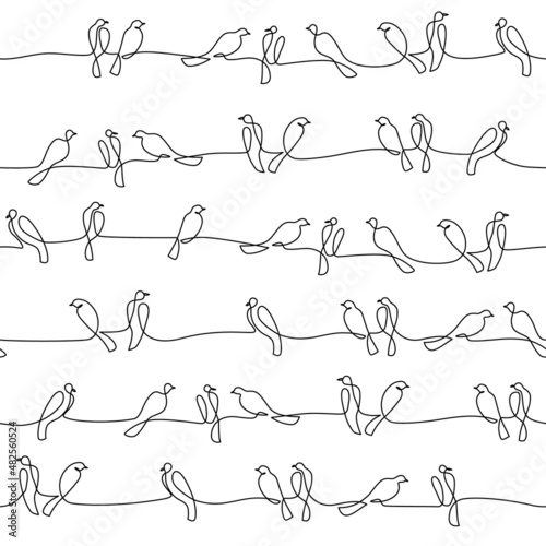 Abstract birds on branches seamless pattern in continuous one line drawing style.