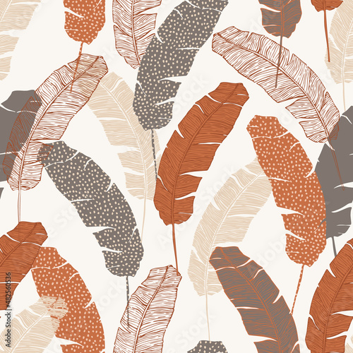 Jungle tropical leaves drawing seamless pattern.