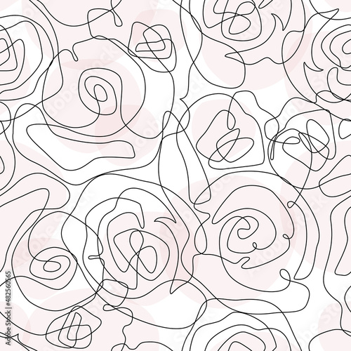 Abstract rose doodle seamless pattern. Elegant roses contour drawing on geometric shapes background.
