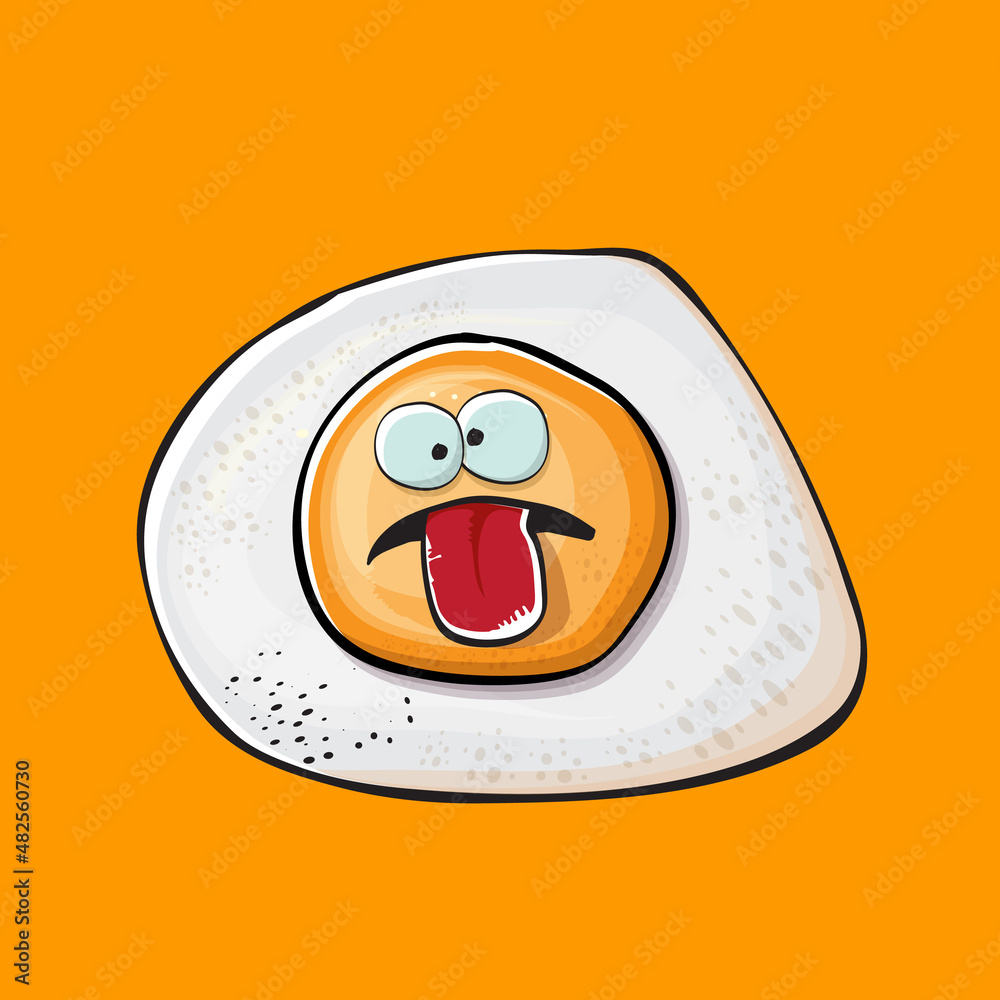 Vector cartoon fried egg character isolated on orange background. Perfect fried egg for good morning concept illustration. Funky cartoon egg character for printing on tee, menu and food poster
