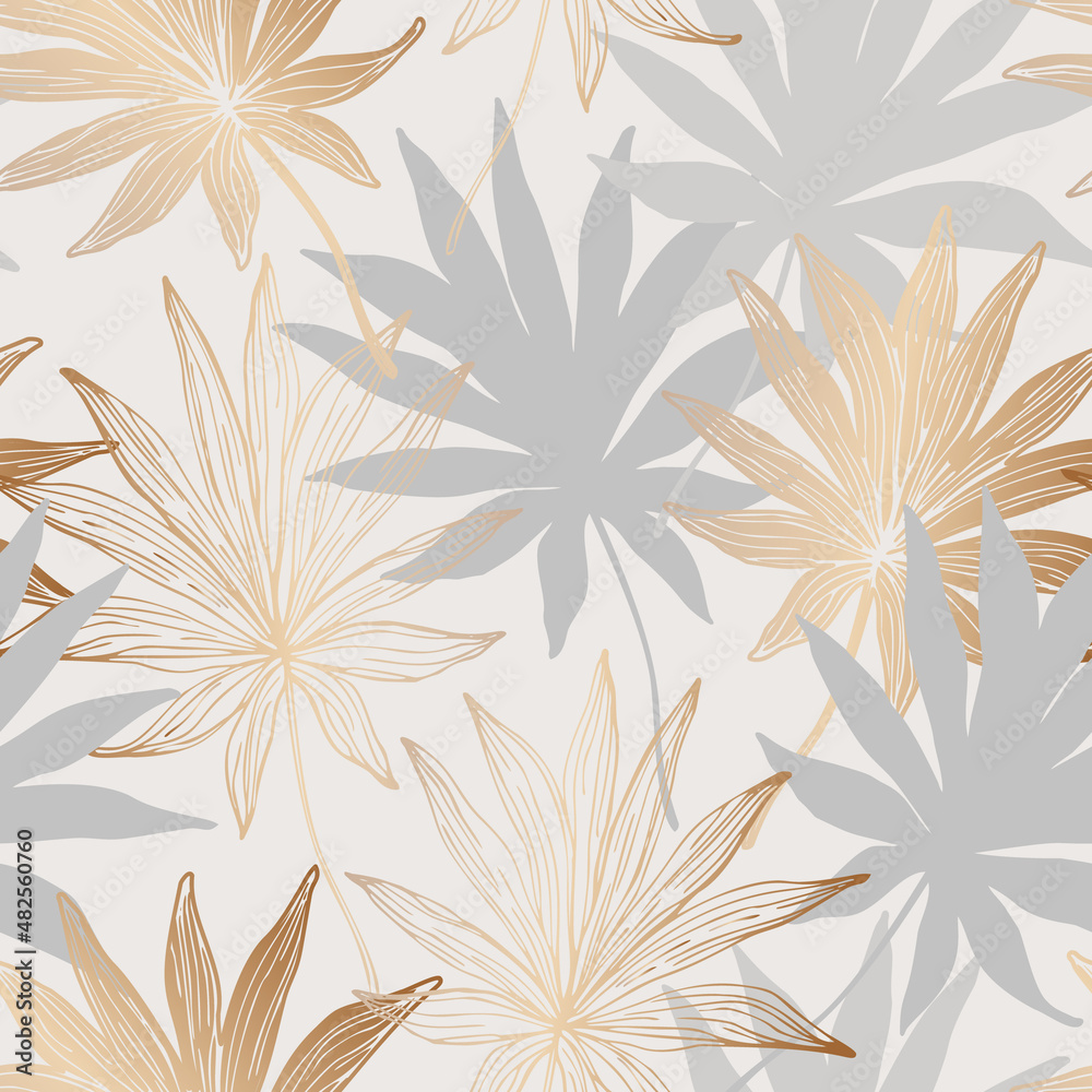 Fototapeta premium Abstract exotic leaf line art, silhouette on luxury gray color background