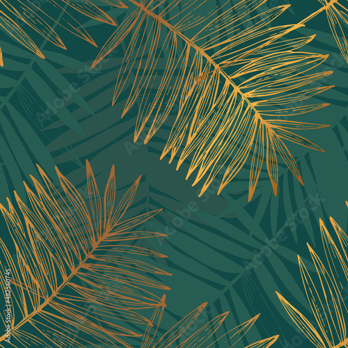 Abstract Palm leaf line art, silhouette on luxury green color background