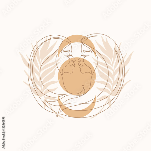 Elegant astrology emblem, symbol outline, contour for mystic logo, calendar print in boho minimal style.