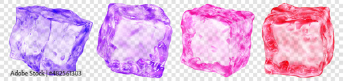 Set of four realistic translucent ice cubes in red, pink and purple colors, isolated on transparent background. Transparency only in vector format