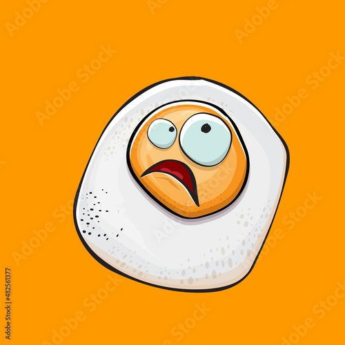 Vector cartoon fried egg character isolated on orange background. Perfect fried egg for good morning concept illustration. Funky cartoon egg character for printing on tee, menu and food poster