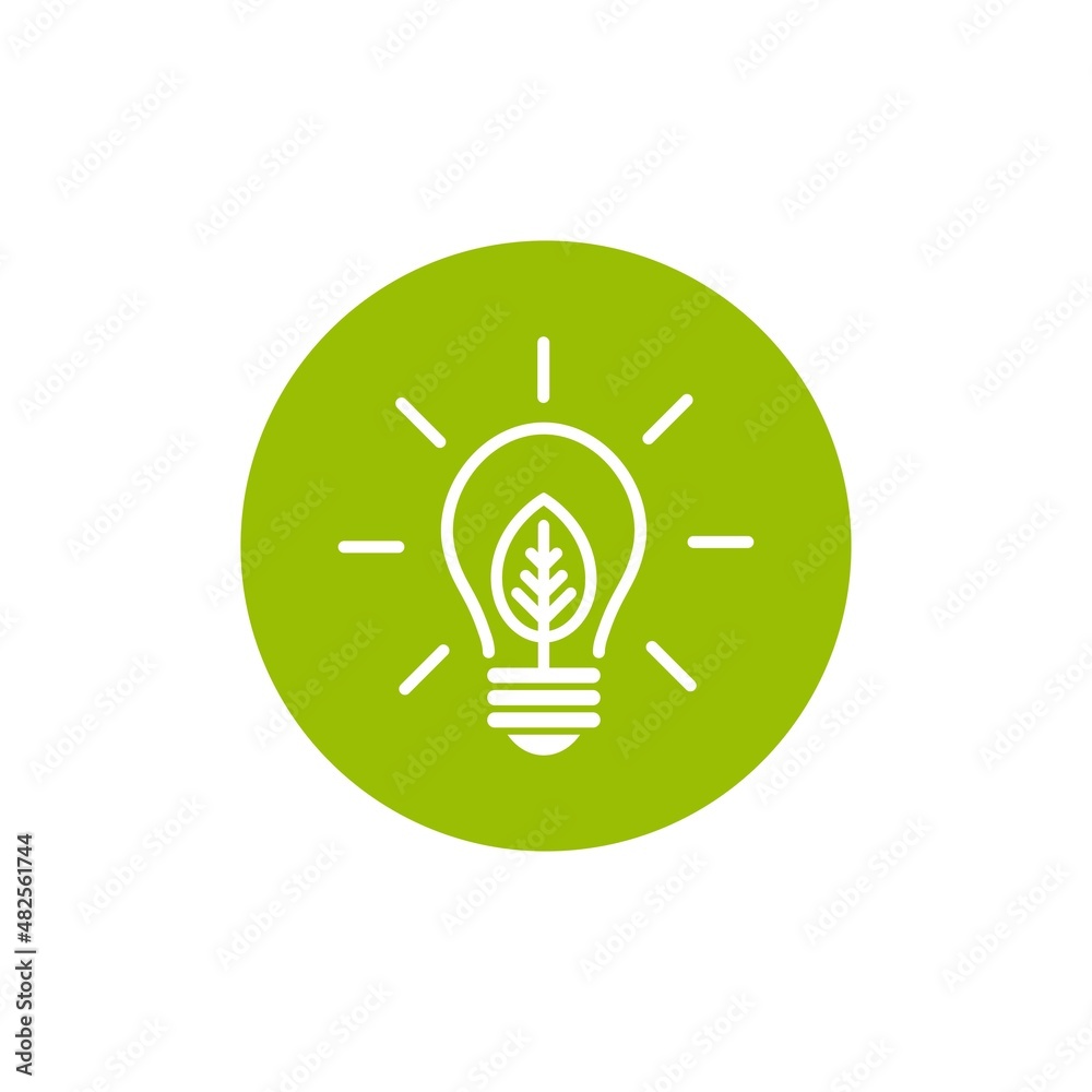 Green contour of shining electric light bulb with green leaf. Isolated on White. Flat outline icon. Vector Green contour of shining electric light bulb with green leaf. Isolated on White. Flat outline icon. Vector