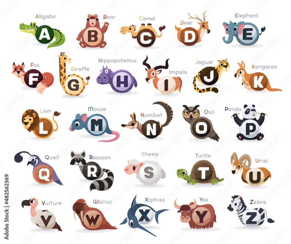 Fototapeta premium Animals Alphabet for kids. Cute animal vector.