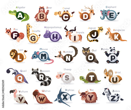 Animals Alphabet for kids. Cute animal vector.