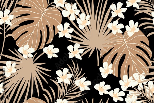 Exotic seamless pattern. Fur, tropical leaves