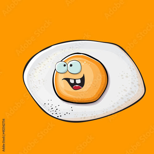Vector cartoon fried egg character isolated on orange background. Perfect fried egg for good morning concept illustration. Funky cartoon egg character for printing on tee, menu and food poster