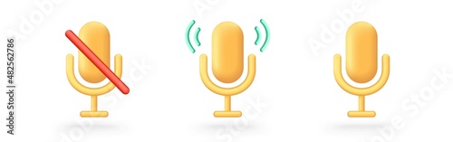3d rendering microphone icon. Yellow voice vector icon. Sound, record, podcast symbol.