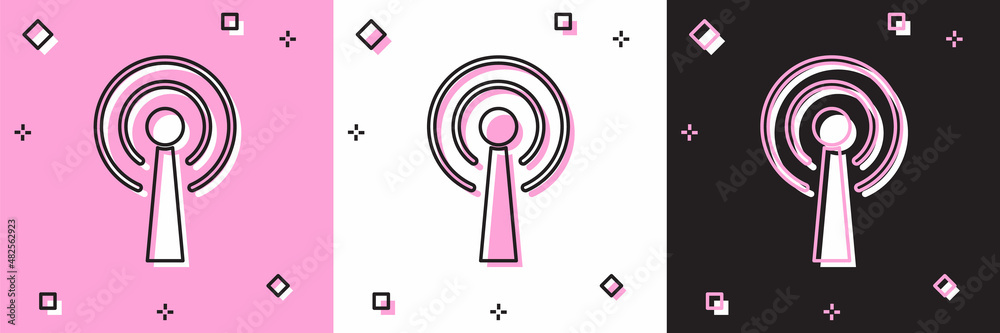 Set Antenna icon isolated on pink and white, black background. Radio antenna wireless. Technology and network signal radio antenna. Vector