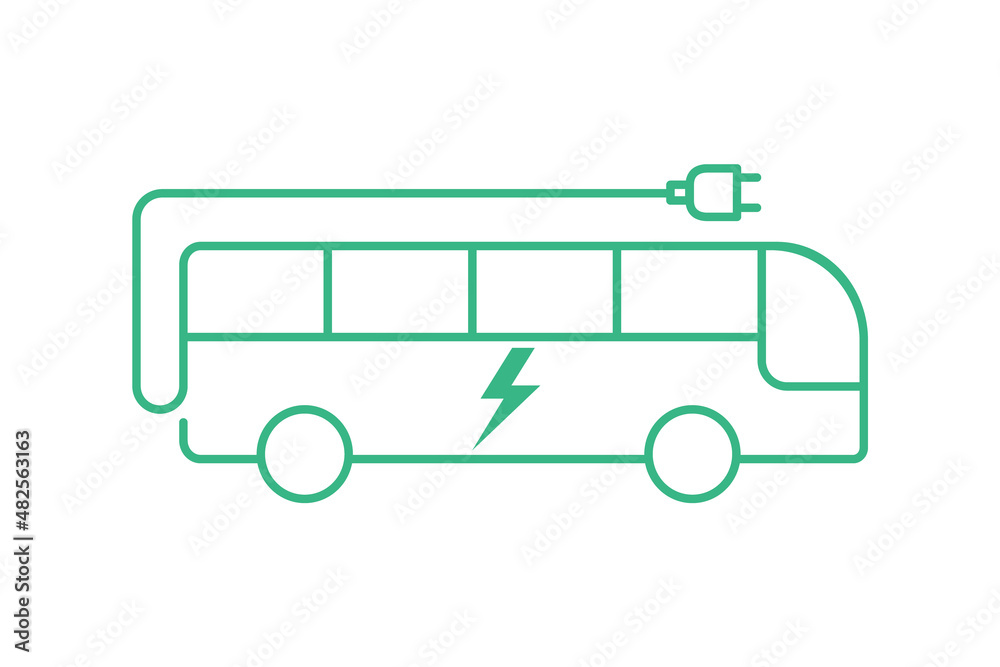 Green electric bus line icon. Sustainable energy sources. E-bus outline with lightning bolt. Battery powered transportation. Bus with charging plug. Zero emission. Vector illustration, flat, clip art Green electric bus line icon. Sustainable energy sources. E-bus outline with lightning bolt. Battery powered transportation. Bus with charging plug. Zero emission. Vector illustration, flat, clip art