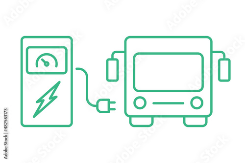 Electric bus charging at charging station. Line icon. Green E bus outline. Zero emission. Ecological city transport. Renewable energy sources. Battery powered vehicle. Vector illustration, clip art. 