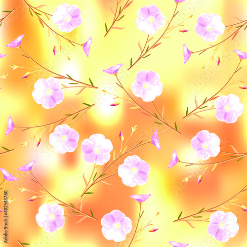 Blue flax flowers and inflorescences on yellow brown abstract background, vector illustration.