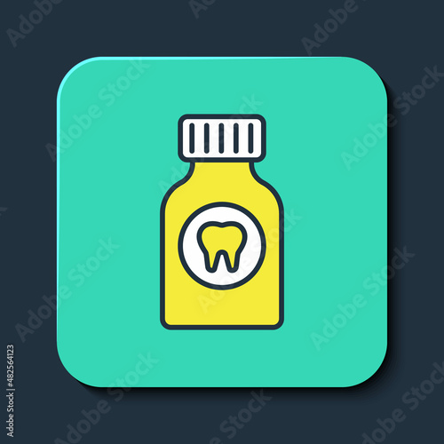 Filled outline Toothache painkiller tablet icon isolated on blue background. Tooth care medicine. Capsule pill and drug. Pharmacy design. Turquoise square button. Vector