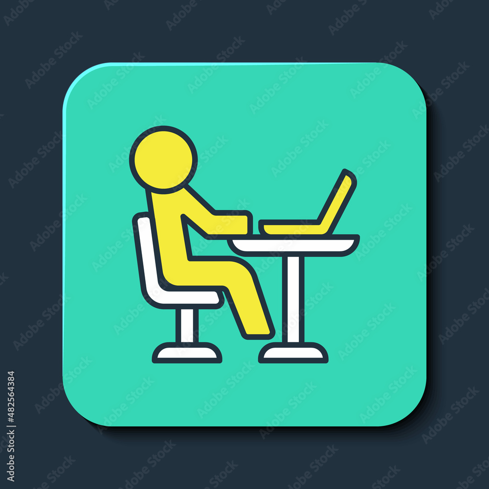 Filled outline Freelancer icon isolated on blue background. Freelancer man working on laptop at his house. Online working, distant job concept. Turquoise square button. Vector