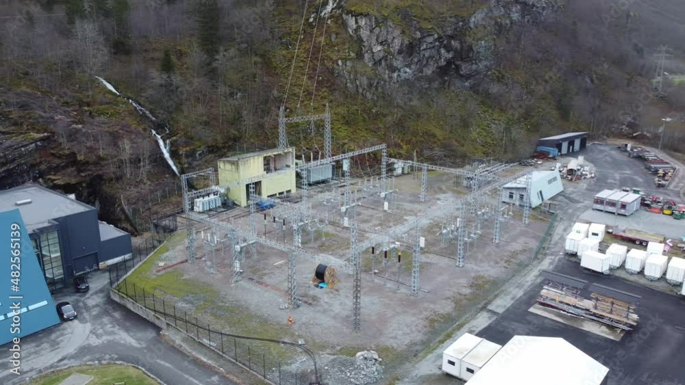 custom made wallpaper toronto digitalElectric high voltage transformer and distribution station outside hydroelectric powerplant at Dalekvam Norway -  BKK Eviny company - orbiting aerial