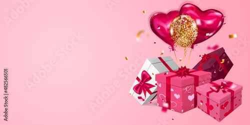 Vector illustration for Valentine's Day with helium balloons, small blurry pieces of serpentine and several red and white gift boxes with ribbons, bows and pattern of hearts, on pink background