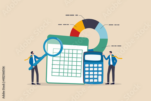 Accounting and finance expert, calculate budget, profit and loss, produce report graph from data, professional concept, business people accountants with calculator, spreadsheet producing reports. photo