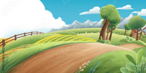 ILLUSTRATED LANDSCAPE PLAIN MOUNTAINS FARM