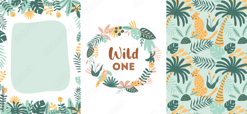 Fototapeta Jungle party set. Wild party invitation template. Wild birthday cards collection. Tropical birthday party invite. Jungle leaves border frame. Leopard, tiger, jaguar. Bright summer graphic illustration