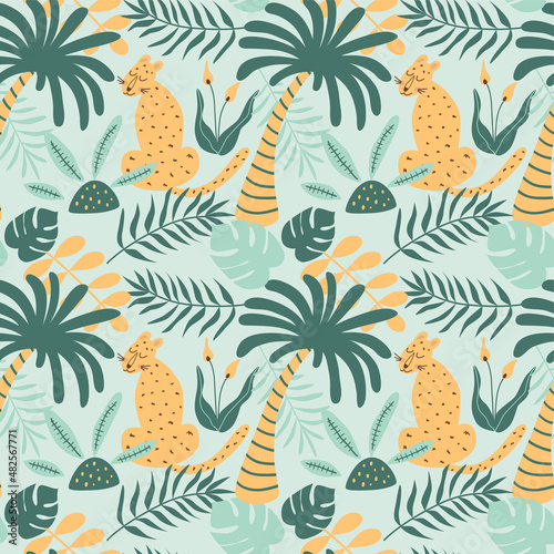 Leopard jungle pattern. Summer tropical palm leaves  wild animal background. Large leaves. Safari animal print. Cute leopard. Wildlife vector illustration.