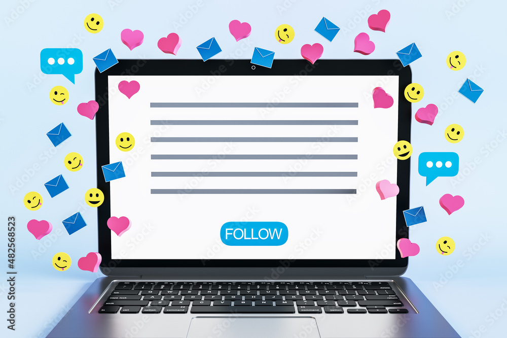 Close up of white laptop with colorful social media icons on light background. Communication, follow and connection concept. 3D Rendering. Close up of white laptop with colorful social media icons on light background. Communication, follow and connection concept. 3D Rendering.