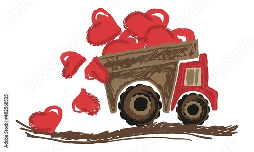 Rough textured drawing of a truck carrying a full truck body of hearts. Hand-drawn creative vector illustration. Lots of love concept