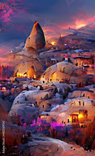 Turkey Cappadocia in summer artwork sketch. Cappadocia houses inside the rocks, tourist place, illustration
