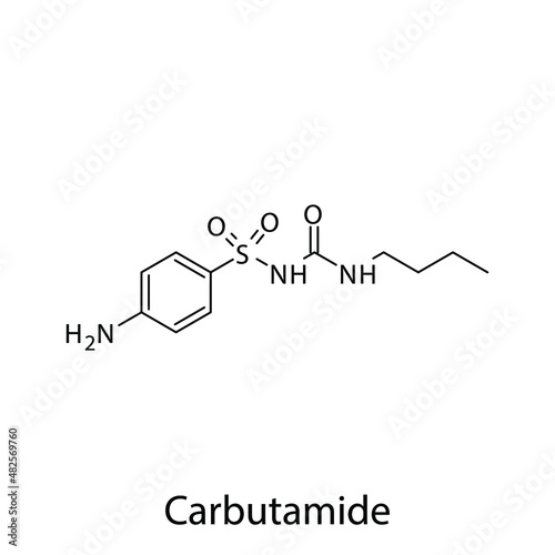 Carbutamide molecular structure, flat skeletal chemical formula. Sulfonylureas  drug used to treat Diabetes type 2. Vector illustration.