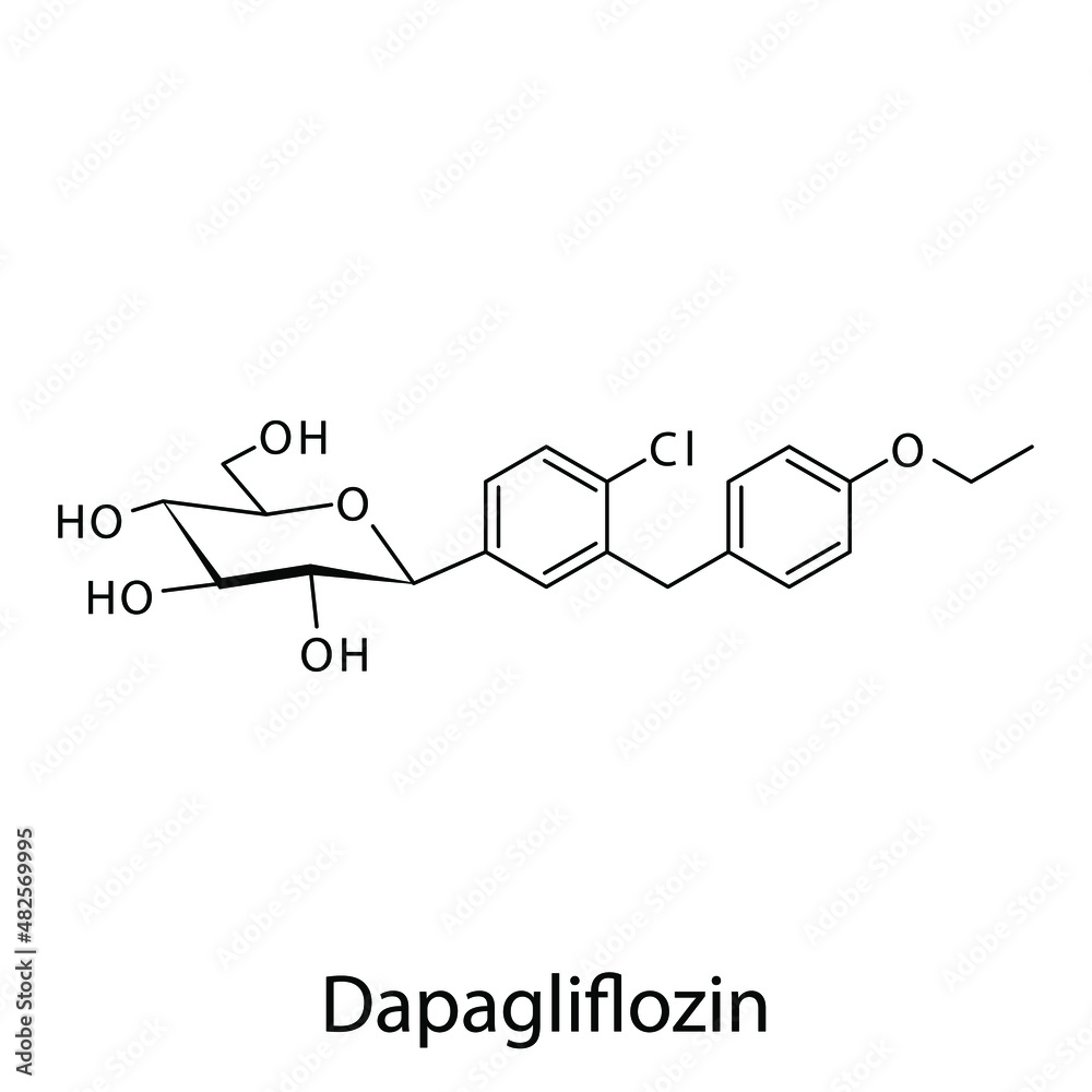 Dapagliflozin molecular structure, flat skeletal chemical formula. SGLT2 inhibitor drug used to treat Diabetes type 2. Vector illustration. Dapagliflozin molecular structure, flat skeletal chemical formula. SGLT2 inhibitor drug used to treat Diabetes type 2. Vector illustration.