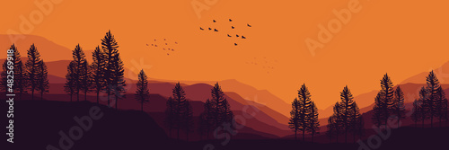 sunrise at mountain landscape with forest silhouette vector illustration good for web banner, blog banner, wallpaper, background template, adventure design, tourism poster design, backdrop design