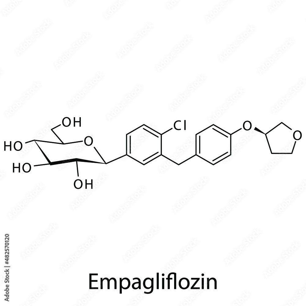 Empagliflozin molecular structure, flat skeletal chemical formula. SGLT2 inhibitor drug used to treat Diabetes type 2. Vector illustration.
