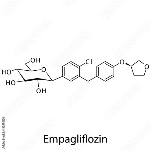 Empagliflozin molecular structure, flat skeletal chemical formula. SGLT2 inhibitor drug used to treat Diabetes type 2. Vector illustration.