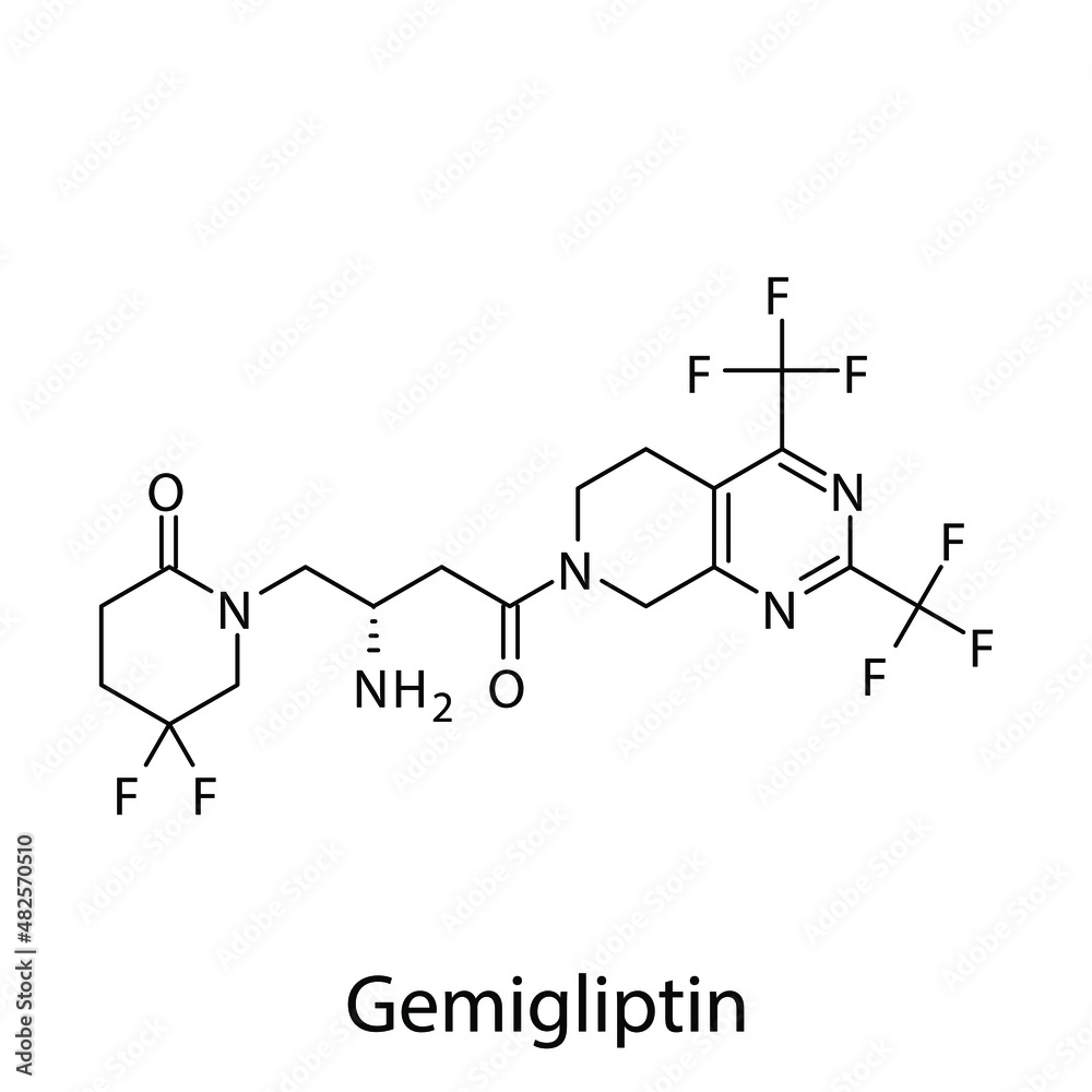 Gemigliptin molecular structure, flat skeletal chemical formula. DPP4 inhibitor drug used to treat Diabetes type 2. Vector illustration. Gemigliptin molecular structure, flat skeletal chemical formula. DPP4 inhibitor drug used to treat Diabetes type 2. Vector illustration.