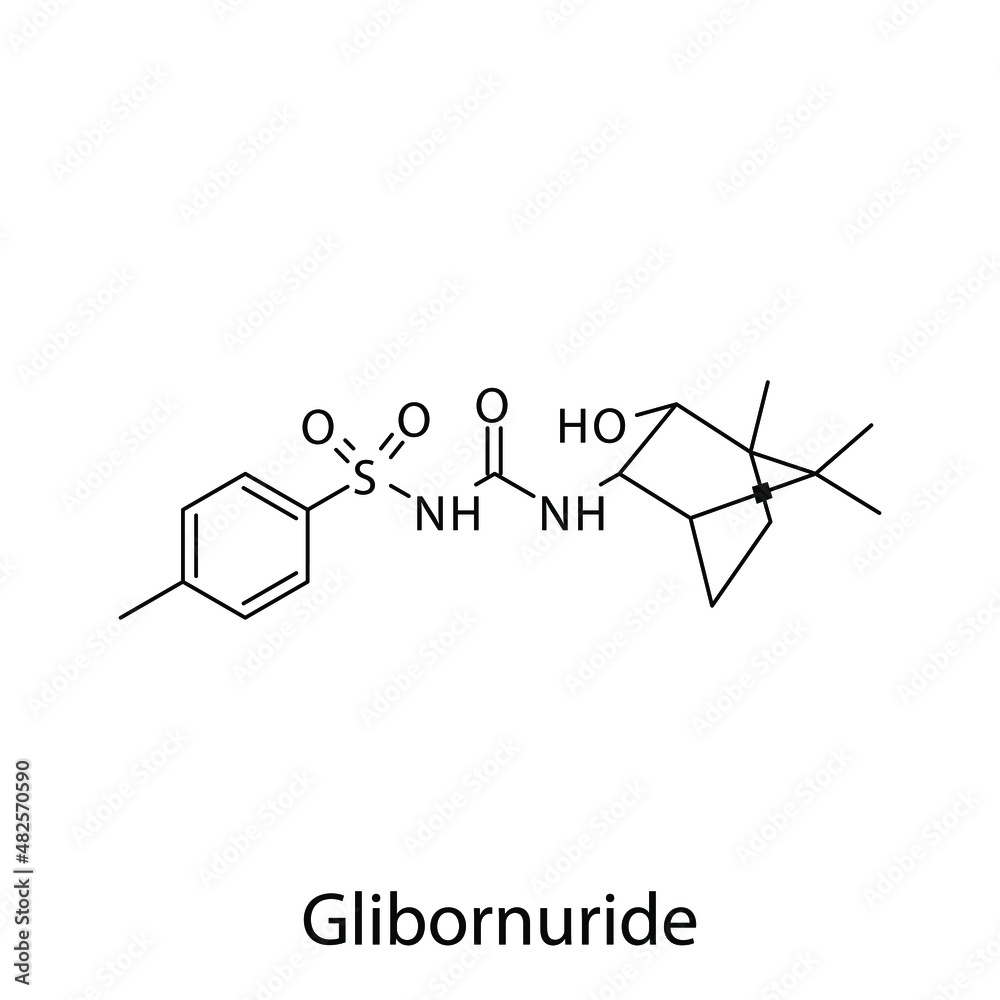 Glibornuride molecular structure, flat skeletal chemical formula. Sulfonylureas  drug used to treat Diabetes type 2. Vector illustration.
