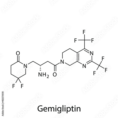 Gemigliptin molecular structure, flat skeletal chemical formula. DPP4 inhibitor drug used to treat Diabetes type 2. Vector illustration.