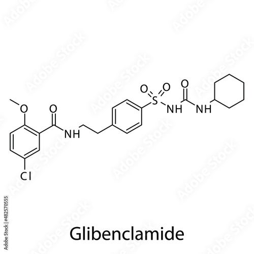 Glibenclamide molecular structure, flat skeletal chemical formula. Sulfonylureas  drug used to treat Diabetes type 2. Vector illustration.