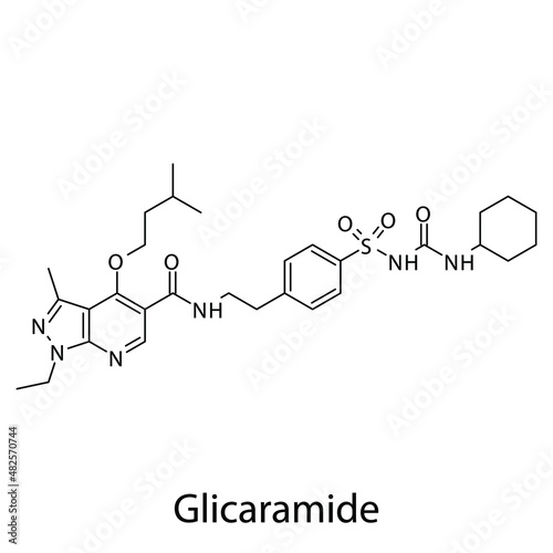 Glicaramide molecular structure, flat skeletal chemical formula. Sulfonylureas  drug used to treat Diabetes type 2. Vector illustration.