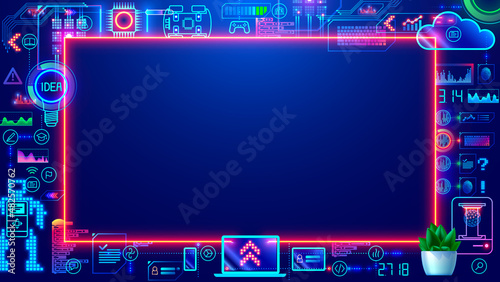 Border or frame design for kids technology education. STEM professions learning for children. Programming, web, game design, AI, online internet course. Engineering graphic elements Banner. text box