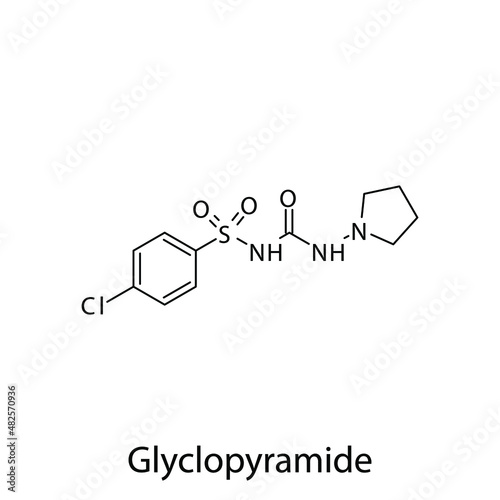 Glycopyramide molecular structure, flat skeletal chemical formula. Sulfonylureas  drug used to treat Diabetes type 2. Vector illustration.