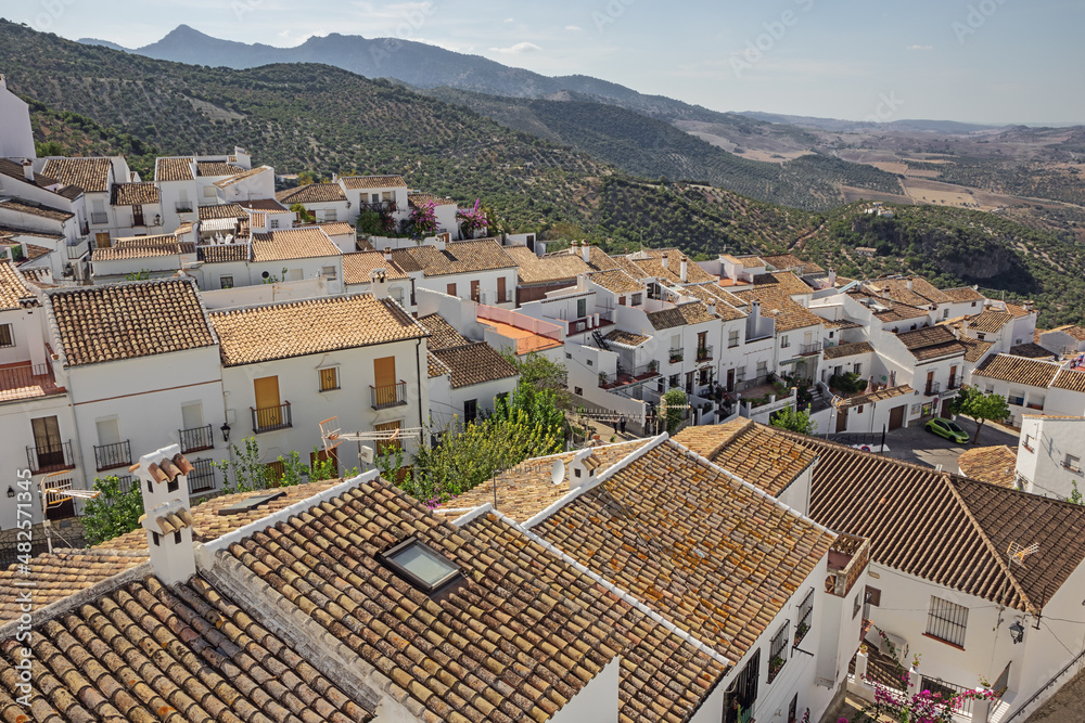 Looking down on the white houses of Zahara de la Sierra, seen from one of the streets in the village