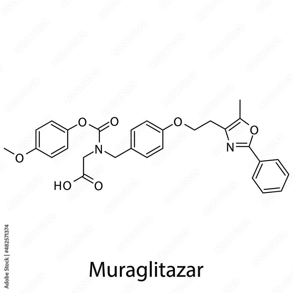 Muraglitazar molecular structure, flat skeletal chemical formula. Dual PPAR agonist drug used to treat Diabetes type 2. Vector illustration. Muraglitazar molecular structure, flat skeletal chemical formula. Dual PPAR agonist drug used to treat Diabetes type 2. Vector illustration.