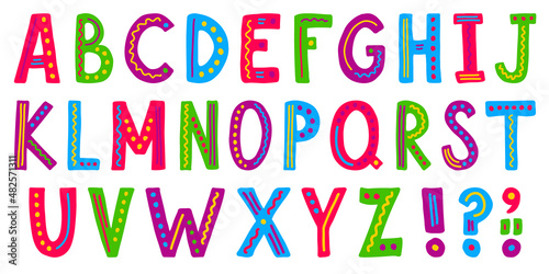 Cute cartoon colorful alphabet for children. ABC for kids design.