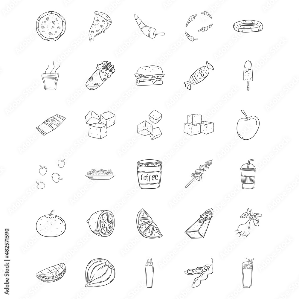 Collection Of Food Handdrawn Outline Elements Design With Pizza, Doughnut, Candy, Lemon, Coffee, Burger, Chilli. Perfect for Websites, Advertisements, Banners, Posters, Billboards, Templates, Logos.