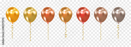 Balloon vector set isolated on transparent background. Realistic glossy metallic helium balloons for birthday, event, party, anniversary, wedding. Flying air balloons gold, bronze, silver colors