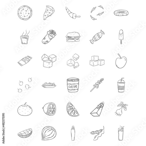 Collection Of Food Handdrawn Outline Elements Design With Pizza, Doughnut, Candy, Lemon, Coffee, Burger, Chilli. Perfect for Websites, Advertisements, Banners, Posters, Billboards, Templates, Logos.