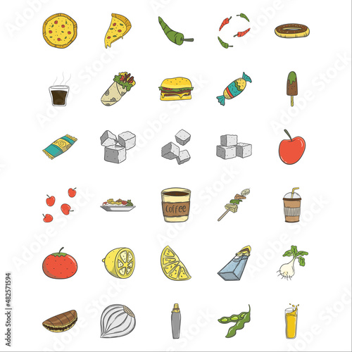 Collection Of Food Handdrawn Filled Outline Elements Design With Pizza, Doughnut, Candy, Lemon, Coffee, Burger. Perfect for Websites, Advertisements, Banners, Posters, Billboards, Templates, Logos.