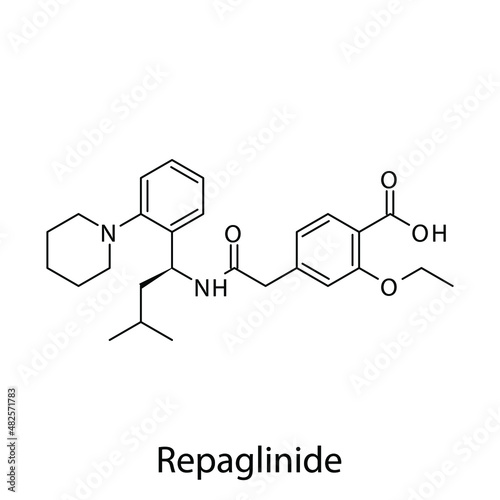 Repaglinide molecular structure, flat skeletal chemical formula. Meglitinide drug used to treat Diabetes type 2. Vector illustration.
